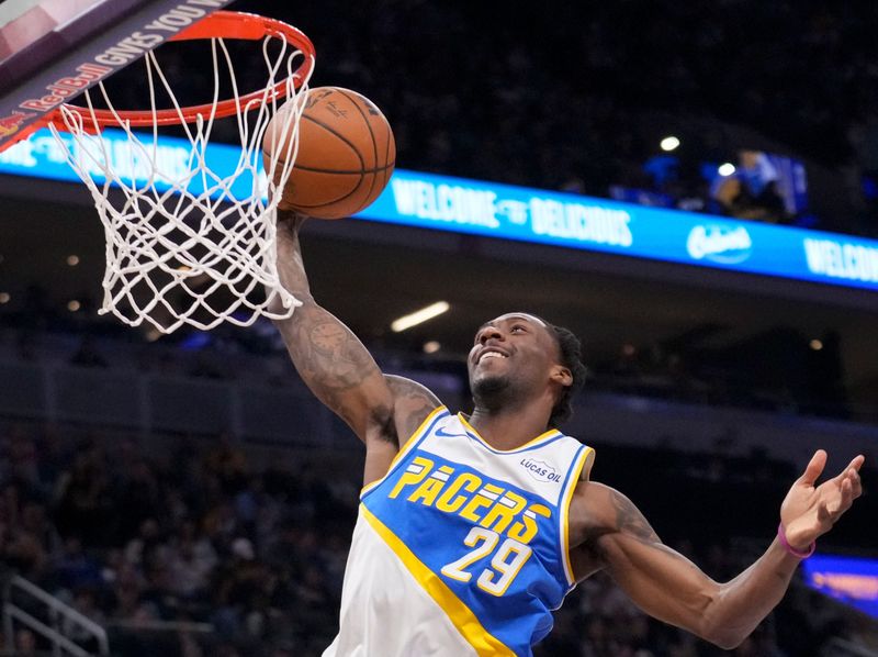 Indiana Pacers guard Quenton Jackson (29) shoots the ball against the Dallas Mavericks during a game Sunday, Feb. 22, 2026, at Gainbridge Fieldhouse in Indianapolis. The Mavericks defeated the Pacers 134-130.