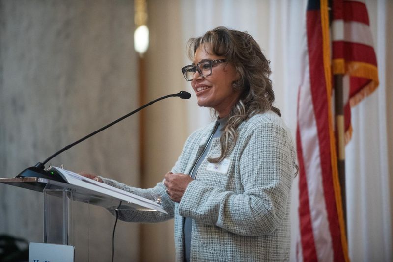 Monica Kelsey, founder of Safe Haven Baby Boxes, tells her story during a celebration of the 25th anniversary of the Safe Haven Law on Nov. 18, 2025, at the Indiana Statehouse in Indianapolis.