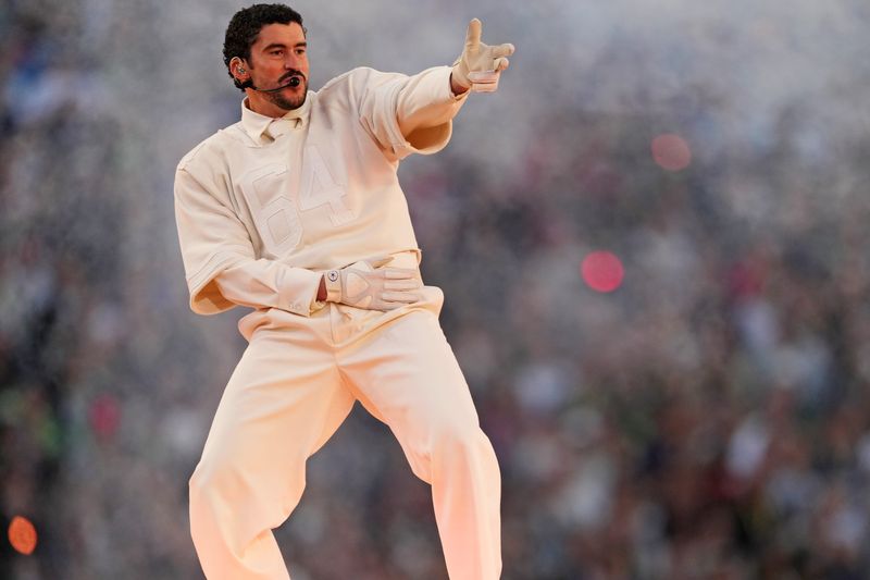 Bad Bunny performs during the half time show at the game between New England Patriots and Seattle Seahawks in Super Bowl LX at Levi's Stadium.