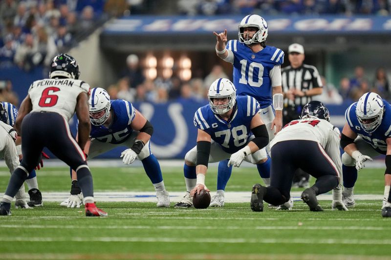 Jan 6, 2024; Indianapolis, Indiana, USA; Indianapolis Colts quarterback Gardner Minshew II (10) calls out a play on the line of scrimmage against the Houston Texans at Lucas Oil Stadium. Mandatory Credit: Jenna Watson-USA TODAY Sports