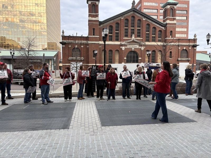 Decatur Township residents protest against a proposed data center at the City-County Building on Thursday, Feb. 26, 2026.