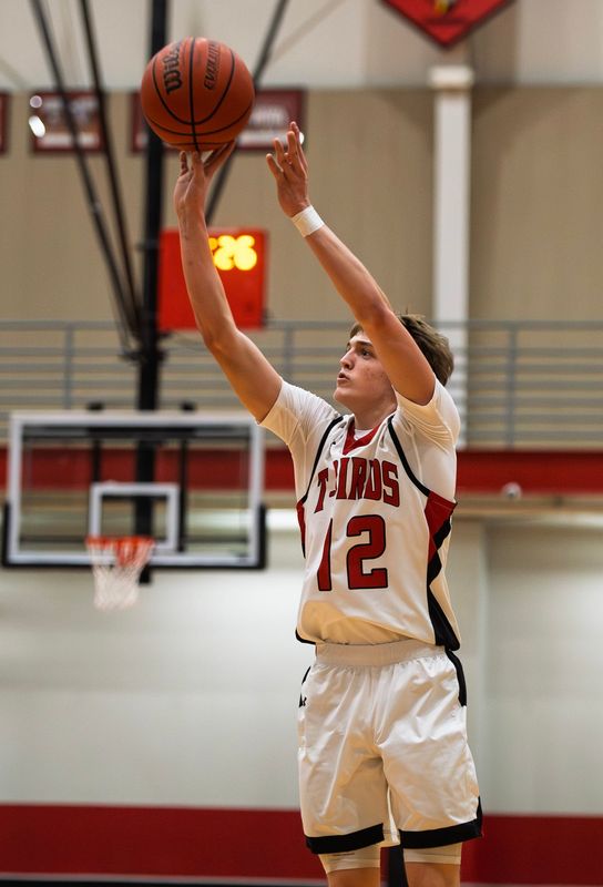 Eastern Greene's Kyan Hudson (12) shoots during the Edgewood versus Eastern Greene boys basketball game at Eastern Greene High School on Friday, Feb. 26, 2026. Eastern installed shot clocks when the new high school and gym were built.