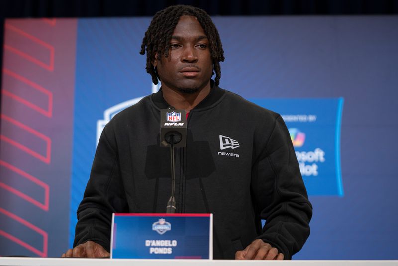 Feb 26, 2026; Indianapolis, IN, USA; Indiana defensive back D'Angelo Ponds (DB25) speaks at the podium during the NFL Combine at the Indiana Convention Center. Mandatory Credit: Jacob Musselman-Imagn Images