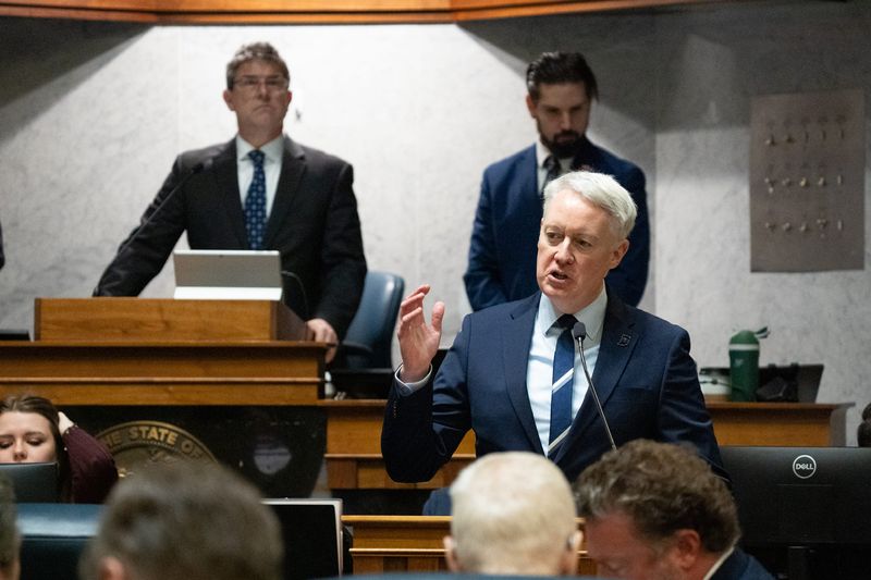 Sen. Greg Goode, R-Terre Haute, speaks on a bill Friday, Feb. 27, 2026, during the final day of the legislative session at the Indiana Statehouse in Indianapolis.