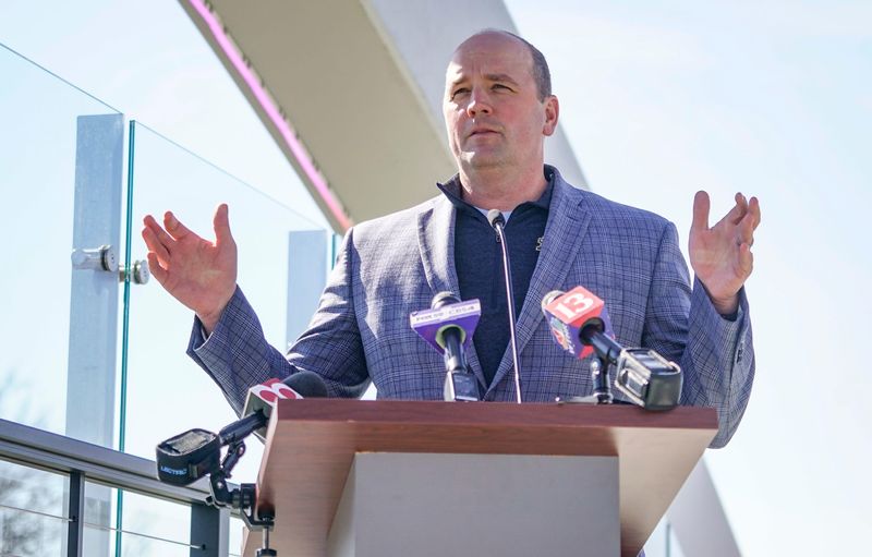 The Nickel Plate Trail Bridge over 96th Street hosts guests for its official opening ceremony on Friday, Feb. 27, 2026, in Fishers, Ind. Here, Scott Fadness, the Mayor of Fishers Ind., speaks during the opening ceremony.