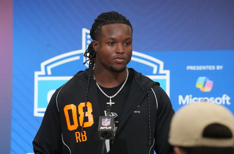 Indiana University running back Roman Hemby speaks to the media at the 2026 NFL Combine.