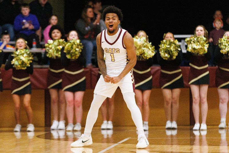 Brandywine's Nylen Goins celebrates during a MHSAA district championship game between Brandywine and Cassopolis at Brandywine High School on Friday, Feb. 27, 2026, in Niles.