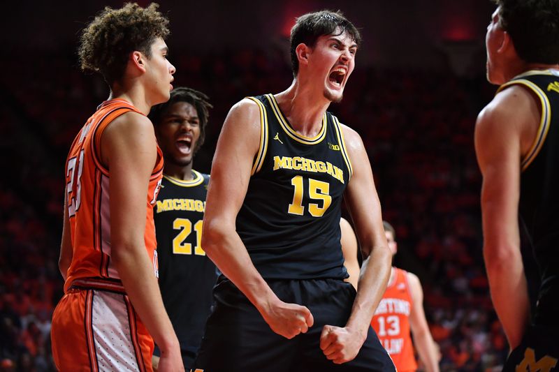 Michigan Wolverines center Aday Mara (15) reacts after scoring during the second half against the Illinois Fighting Illini at State Farm Center in Champaign, Illinois, on Friday, Feb. 27, 2026.