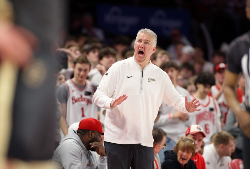 Mar 1, 2026; Columbus, Ohio, USA; Purdue Boilermakers head coach Matt Painter reacts to a call during the second half against the Ohio State Buckeyes at Value City Arena. Mandatory Credit: Joseph Maiorana-Imagn Images