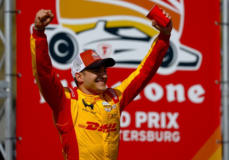 Mar 1, 2026; St. Petersburg, Florida, USA; Chip Ganassi Racing driver Alex Palou (10) celebrates after winning the NTT Indycar Series at the Firestone Grand Prix on the Streets of St. Petersburg. Mandatory Credit: Russell Lansford-Imagn Images