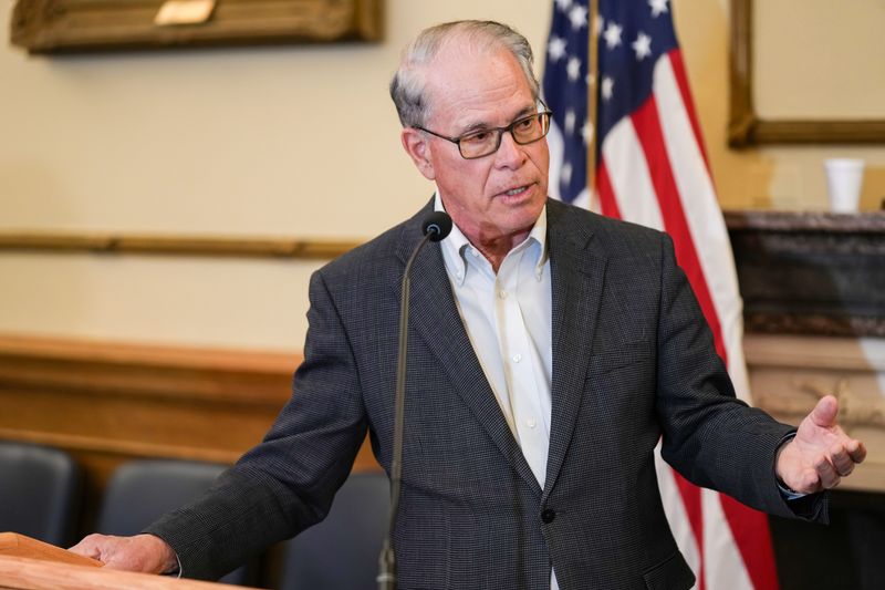 Gov. Mike Braun speaks Monday, March 2, 2026, during a press conference at the Indiana State Capitol in Indianapolis.