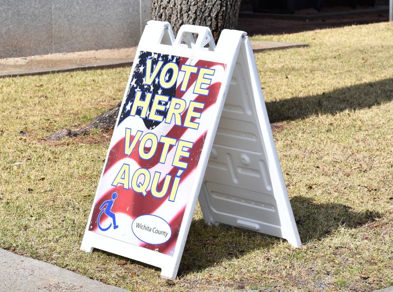 "Vote Here" signs are displayed outside the Wichita County Courthouse in Wichita Falls on Primary Election Day Tuesday, March 3, 2026.