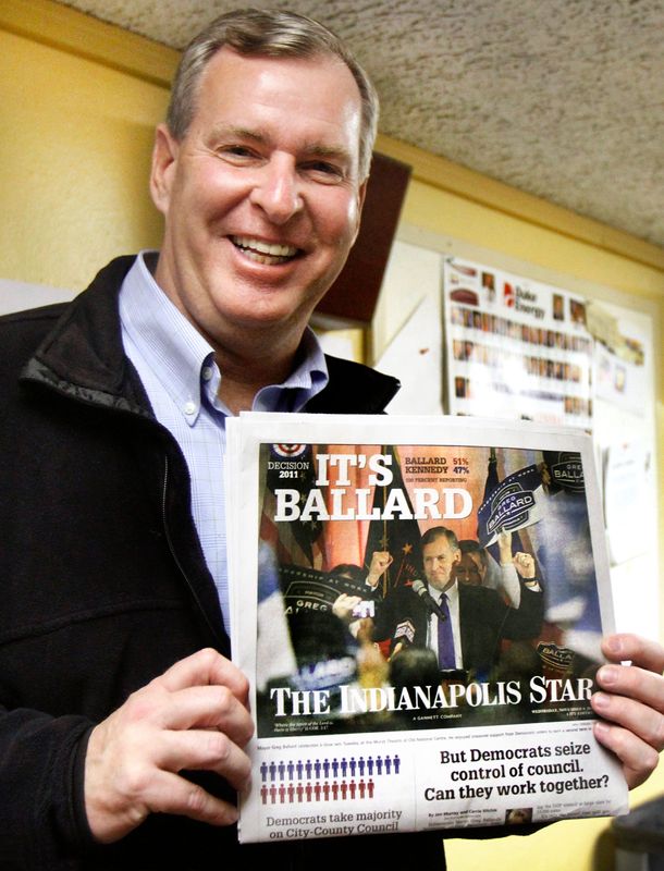 Indianapolis Mayor Greg Ballard, elected to a second term on Tuesday, November 8, 2011, holds up the front page of The Indianapolis Star with the headline, "It's Ballard." After holding a comfortable lead all evening over Democrat opponent Melina Kennedy, Ballard finished with 51 percent of the vote, compared to 47 percent for Kennedy and 1 percent for Libertarian candidate Chris Bowen. Charlie Nye / The Star.