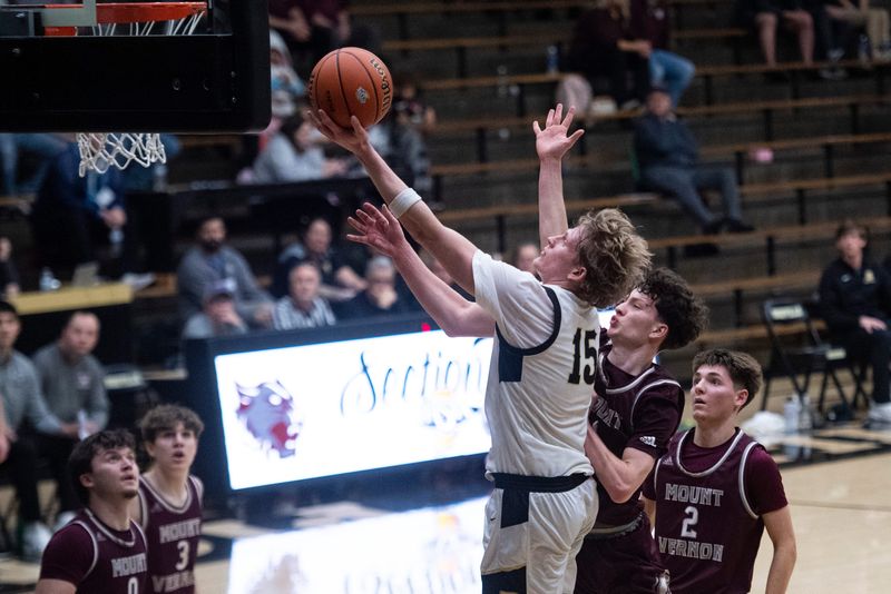 Boonville's Jaxon McKain (15) takes a shot as the Boonville Pioneers play the Mount Vernon Wildcats during the first round of the 2026 IHSAA Class 3A Boys Basketball Sectional at Boonville, Ind., Tuesday, March 3, 2026.
