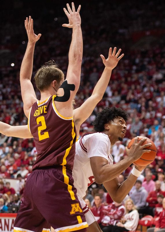 Indiana's Sam Alexis (4) works in the post during the Indiana versus Minnesota men's basketball game at Simon Skjodt Assembly Hall on Wednesday, March 4, 2026.