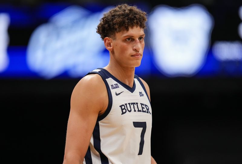 Butler Bulldogs guard Jamie Kaiser Jr. (7) walks up the court Wednesday, March 4, 2026, during the game at Hinkle Fieldhouse in Indianapolis.