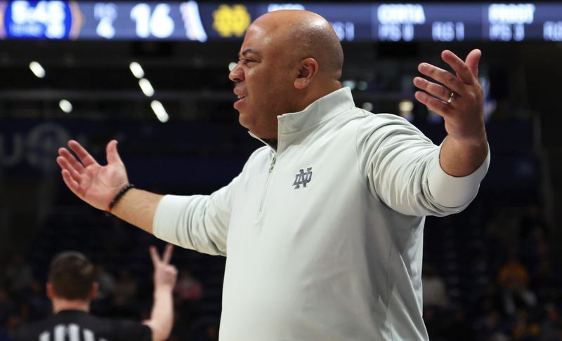 Feb 21, 2026; Pittsburgh, Pennsylvania, USA; Notre Dame Fighting Irish head coach Micah Shrewsberry reacts on the sidelines against the Pittsburgh Panthers during the first half at the Petersen Events Center. Mandatory Credit: Charles LeClaire-Imagn Images