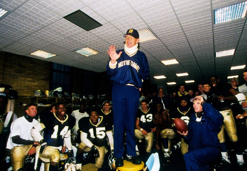 Oct 21, 1995; South Bend, IN, USA; FILE PHOTO; Notre Dame head coach Lou Holtz addresses his team in the locker room post game after playing Southern California Trojans at Notre Dame Stadium. Mandatory Credit: USA TODAY Sports