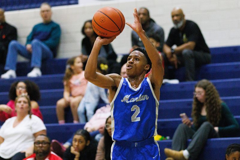 Marian's Terrance Lane shoots the ball during an IHSAA boys basketball sectional semifinal game between Washington and Marian at New Prairie High School on Friday, March 6, 2026, in New Prairie.