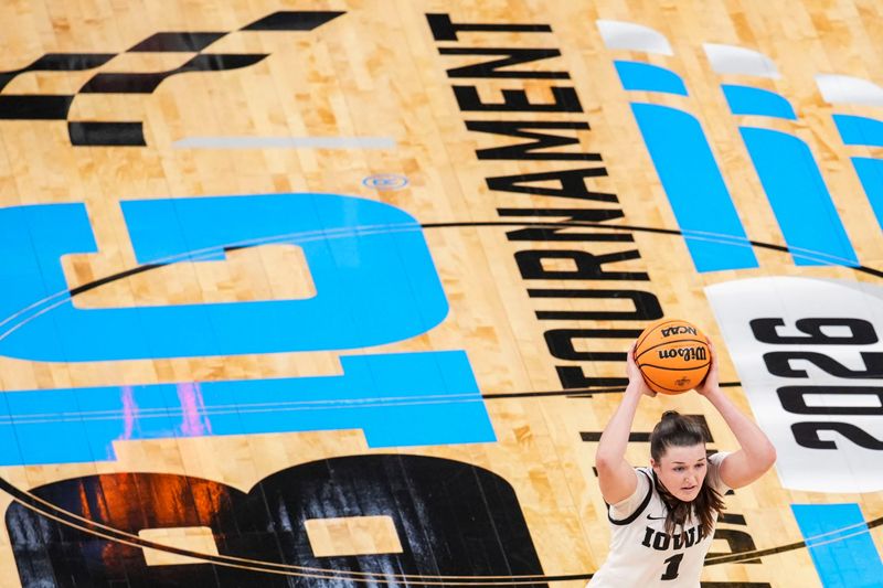 Iowa Hawkeyes guard Taylor Stremlow (1) looks to pass Saturday, March 7, 2026, during a Big Ten women's basketball tournament semifinals game at Gainbridge Fieldhouse in Indianapolis.
