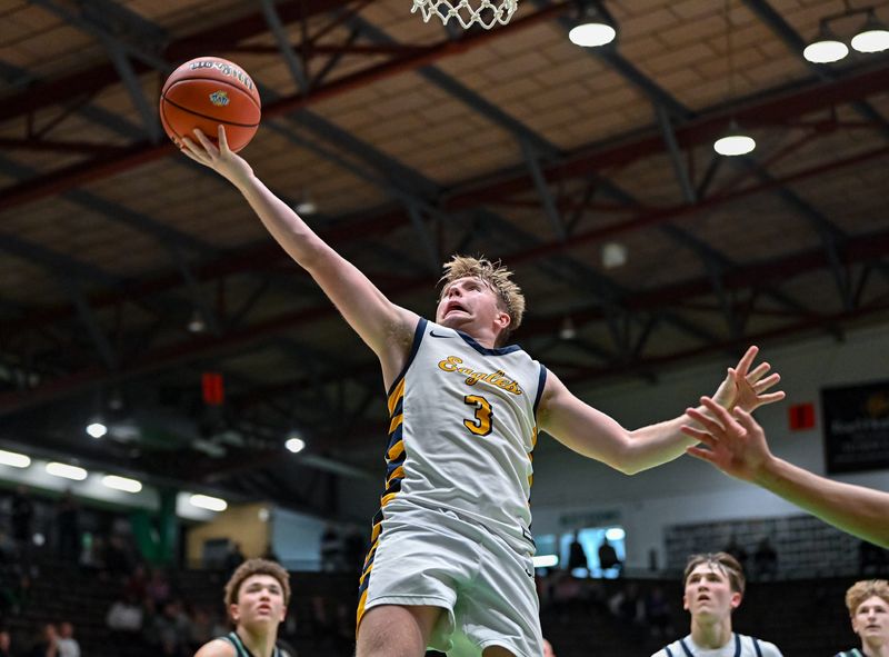 Delta senior Lucas Bragg makes a layup during an IHSAA Class 3A boys basketball sectional championship game against Yorktown Saturday, March 7, 2026, at New Castle High School.