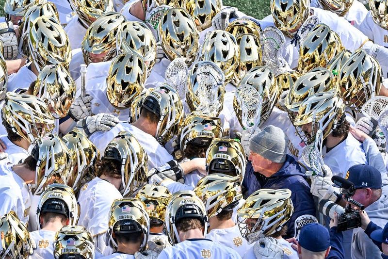 The Notre Dame Fighting Irish huddle before the game against Georgetown Sunday, Feb. 25, 2023, at Arlotta Stadium.
