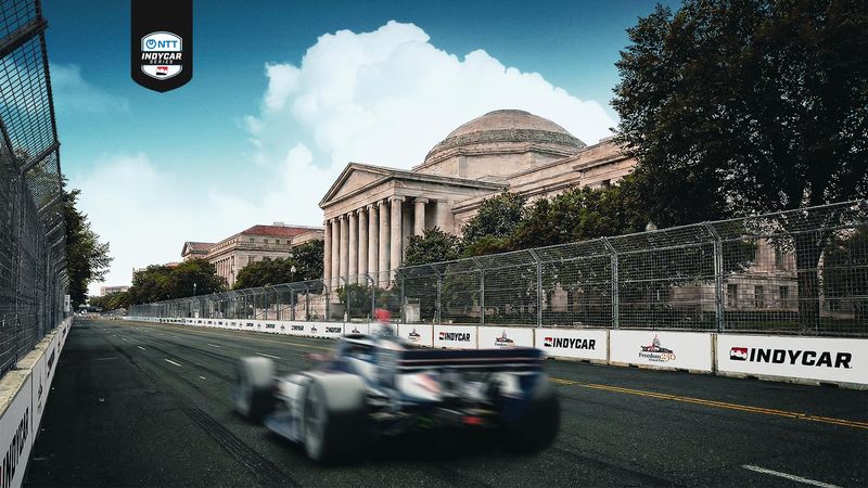 The official The official red, white and blue Freedom 250 Grand Prix IndyCar on the Freedom 250 Grand Prix course.