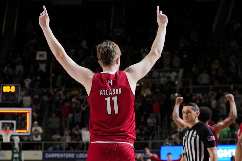 Miami forward Almar Atlason reacts to his team’s road win against Ohio, completing a 31-0 regular season, March 6, 2026, at the Convocation Center in Athens.