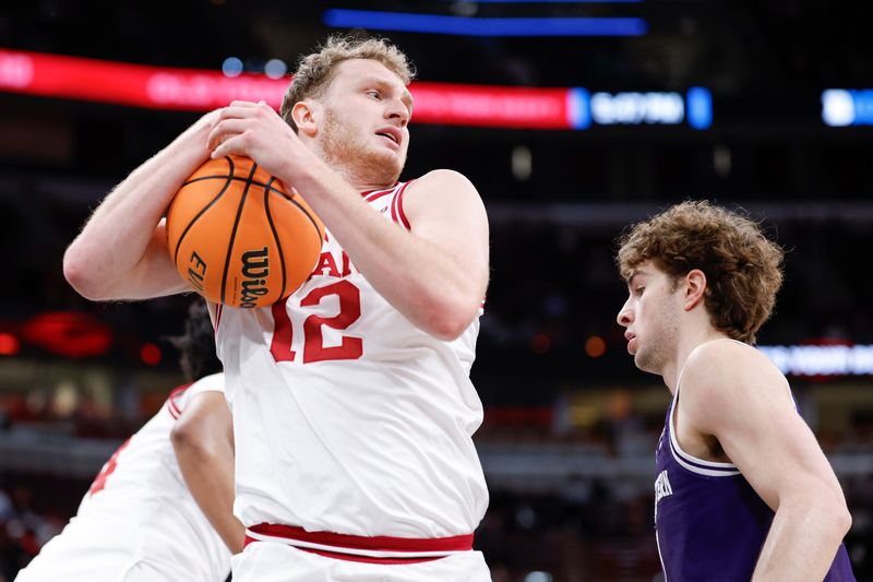 Mar 11, 2026; Chicago, IL, USA; Indiana Hoosiers forward Tucker Devries (12) grabs a rebound against the Northwestern Wildcats during the first half at United Center. Mandatory Credit: Kamil Krzaczynski-Imagn Images