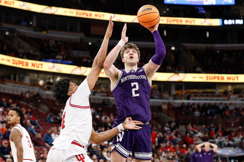 Mar 11, 2026; Chicago, IL, USA; Northwestern Wildcats forward Nick Martinelli (2) shoots against the Indiana Hoosiers during the first half at United Center.