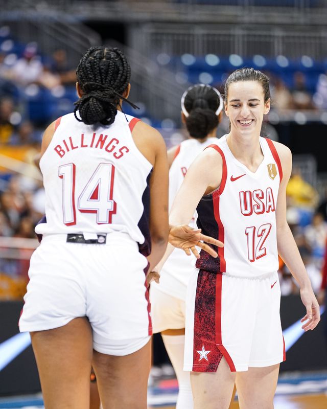 Caitlin Clark of the Indiana Fever, with Monique Billings, competes in World Cup qualifying in March 2026.