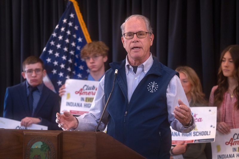 Gov. Mike Braun talks about the state partnership with Turning Point USA during a press conference Thursday, March 12, 2026 at the Governor’s Mansion.