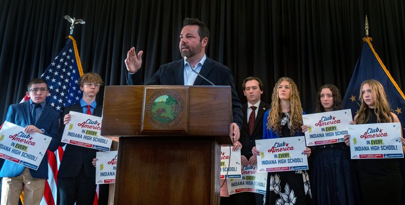 Lt. Gov. Micah Beckwith talks about the state partnership with Turning Point USA during a press conference Thursday, March 12, 2026 at the Governor’s Mansion.