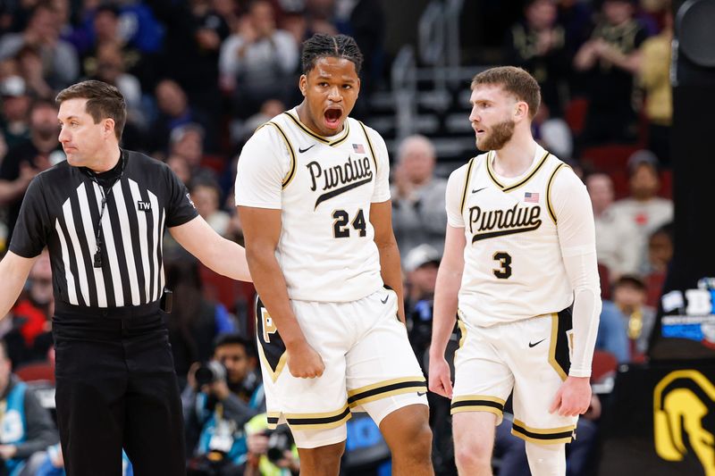 Mar 12, 2026; Chicago, IL, USA; Purdue Boilermakers guard Gicarri Harris (24) celebrates after scoring against the Northwestern Wildcats during the first half at United Center. Mandatory Credit: Kamil Krzaczynski-Imagn Images
