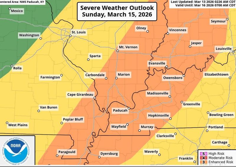 A graphic from the Paducah, Kentucky office of the National Weather Service shows the Evansville area under an "enhanced risk" for severe weather Sunday, March 15. The Tri-State could see everything from tornadoes to snow.