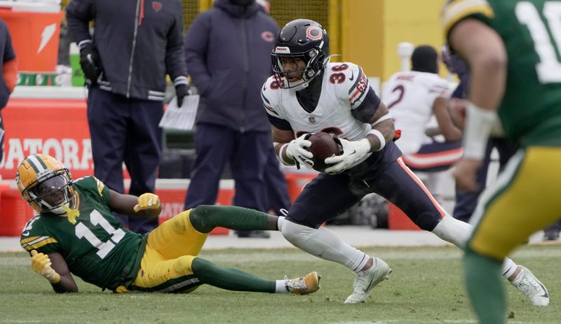 Chicago Bears safety Jonathan Owens (36) recovers a fumble by Green Bay Packers wide receiver Jayden Reed (11) during the first quarter of their game Sunday, January 5, 2025 at Lambeau Field in Green Bay, Wisconsin. The Chicago Bears beat the Green Bay Packers 24-22.