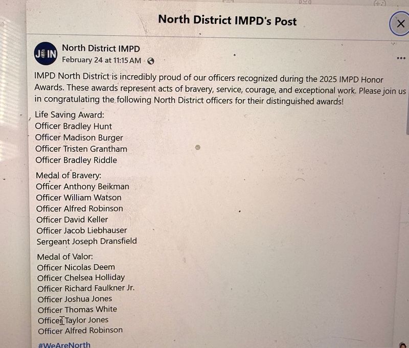 Before IMPD North District's Facebook page changed their post following the arrest, Taylor Jones' original name was listed as getting awarded back in February 2026.
