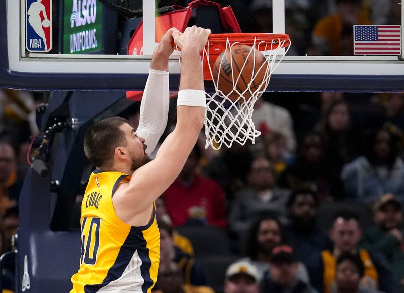Indiana Pacers center Ivica Zubac (40) dunks the ball against the New York Knicks during a game Friday, March 13, 2026, at Gainbridge Fieldhouse in Indianapolis.
