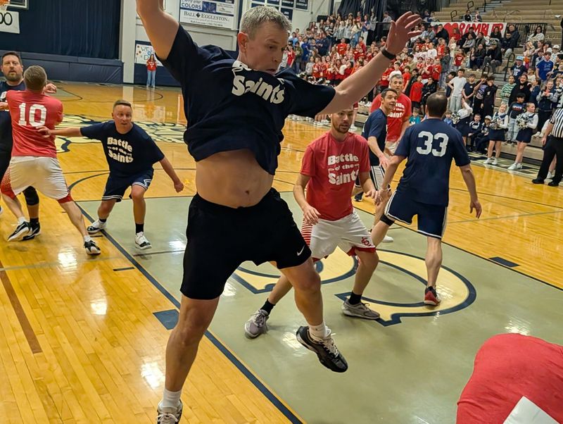 Purdue defensive coordinator Kevin Kane jumps to defend a pass during the All Saints Game at Central Catholic in Lafayette, Indiana on Friday, March 13, 2026.