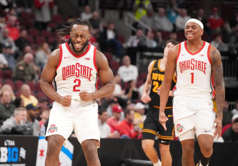 Mar 12, 2026; Chicago, IL, USA; Ohio State Buckeyes guard Bruce Thornton (2) reacts after making a three point basket against the Iowa Hawkeyes during the second half at United Center. Mandatory Credit: David Banks-Imagn Images