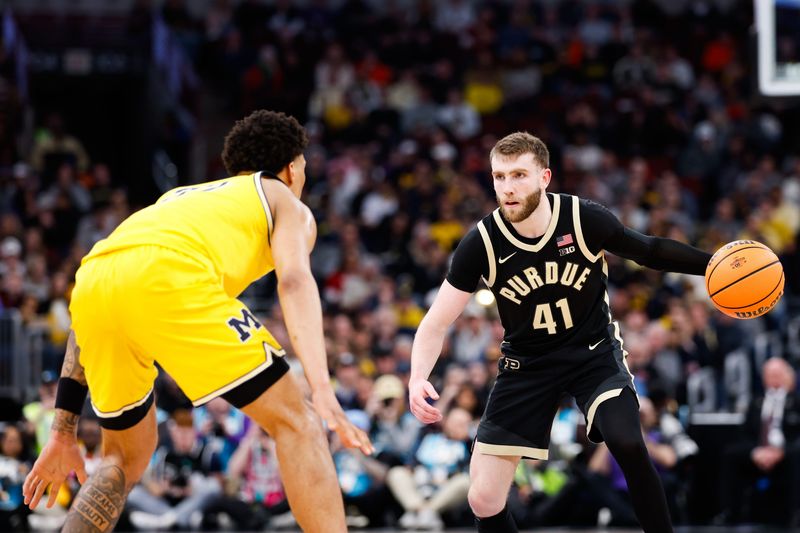Mar 15, 2026; Chicago, IL, USA; Purdue Boilermakers guard Braden Smith (41) looks to pass during the first half against the Michigan Wolverines during the men's Big Ten Conference Tournament Championship at United Center. Mandatory Credit: Kamil Krzaczynski-Imagn Images