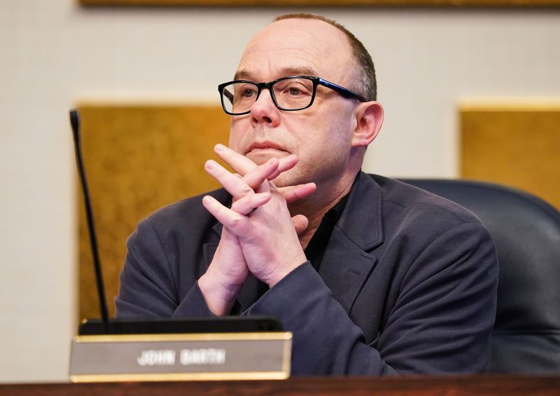 Council Vice President John Barth listens to speakers Tuesday, March 17, 2026, during an Indianapolis City-County Council committee meeting at the City-County Building in Indianapolis.
