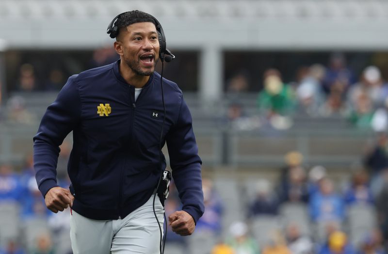 Nov 15, 2025; Pittsburgh, Pennsylvania, USA; Notre Dame Fighting Irish head coach Marcus Freeman reacts after an Irish touchdown against the Pittsburgh Panthers during the second quarter at Acrisure Stadium. Mandatory Credit: Charles LeClaire-Imagn Images