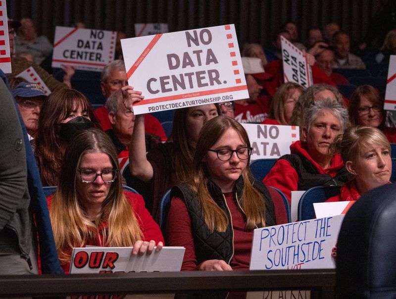 People against the Sabey Data Center to be built in Decatur Township show disappointment as the Metropolitan Development Commission voted approval for Sabey to build, during a meeting Wednesday, March 18, 2026 at the City-County Building in Indianapolis.