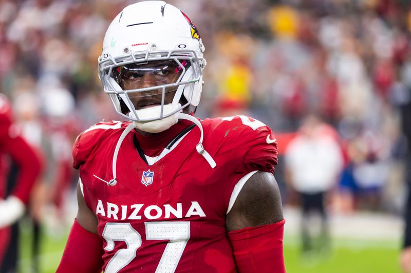 Oct 19, 2025; Glendale, Arizona, USA; Arizona Cardinals linebacker Akeem Davis-Gaither (27) against the Green Bay Packers at State Farm Stadium. Mandatory Credit: Mark J. Rebilas-Imagn Images