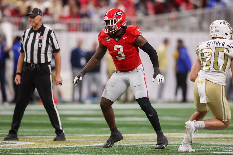 Nov 28, 2025; Atlanta, Georgia, USA; Georgia Bulldogs linebacker CJ Allen (3) in action against the Georgia Tech Yellow Jackets in the fourth quarter at Mercedes-Benz Stadium. Mandatory Credit: Brett Davis-Imagn Images