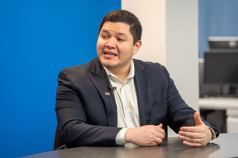 George Hornedo, a Democratic candidate running for U.S. Rep. André Carson's seat in the U.S. House of Representatives, is interviewed Thursday, March 19, 2026, by IndyStar politics reporter Marissa Meador at IndyStar.
