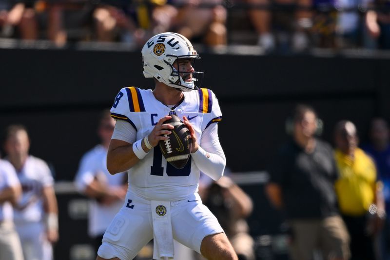 Louisiana State Tigers quarterback Garrett Nussmeier (18) stands in the pocket against the Vanderbilt Commodores during the second half at FirstBank Stadium in Nashville on Oct. 18, 2025.