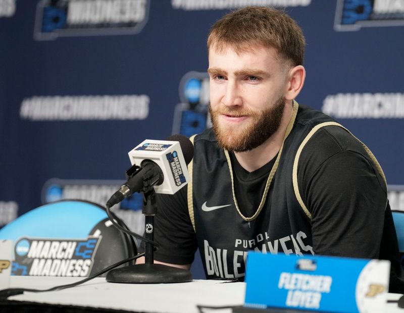 Purdue Boilermakers guard Braden Smith speaks during a press conference before practice ahead of a NCAA Tournament first round game against the Queens University of Charlotte Royals on Thursday, March 19, 2026, at Enterprise Center in St. Louis.
