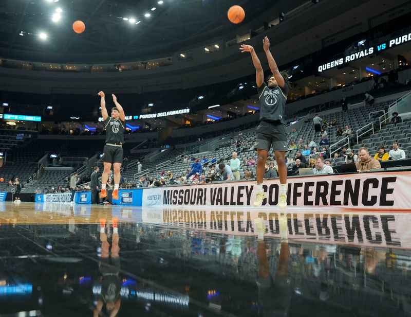 Purdue Boilermakers guard Omer Mayer (17) and center Daniel Jacobsen (12) practice ahead of a NCAA Tournament first round game against the Queens University of Charlotte Royals on Thursday, March 19, 2026, at Enterprise Center in St. Louis.